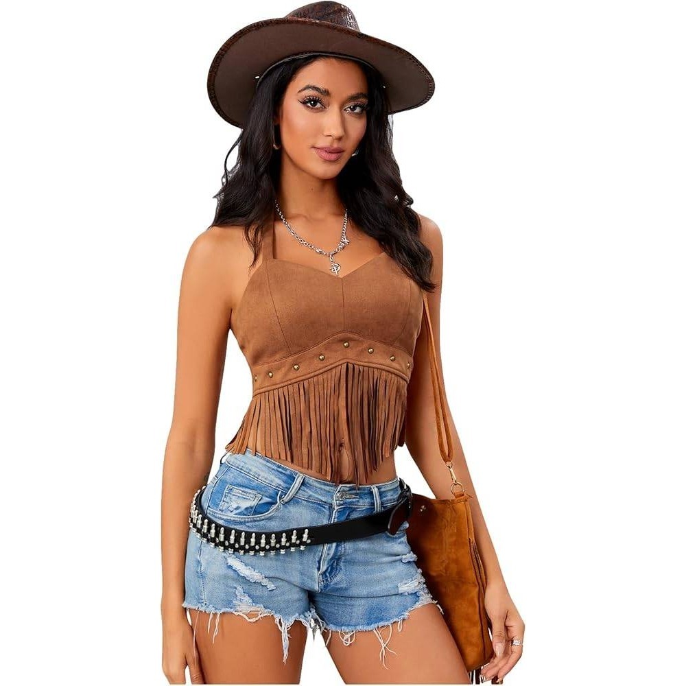 brown suede studded tassel Fringe cowgirl western party S crop halter top